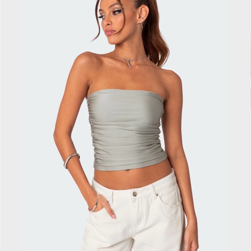 Edikted Sage Green Strapless Ruched Tube Top size small